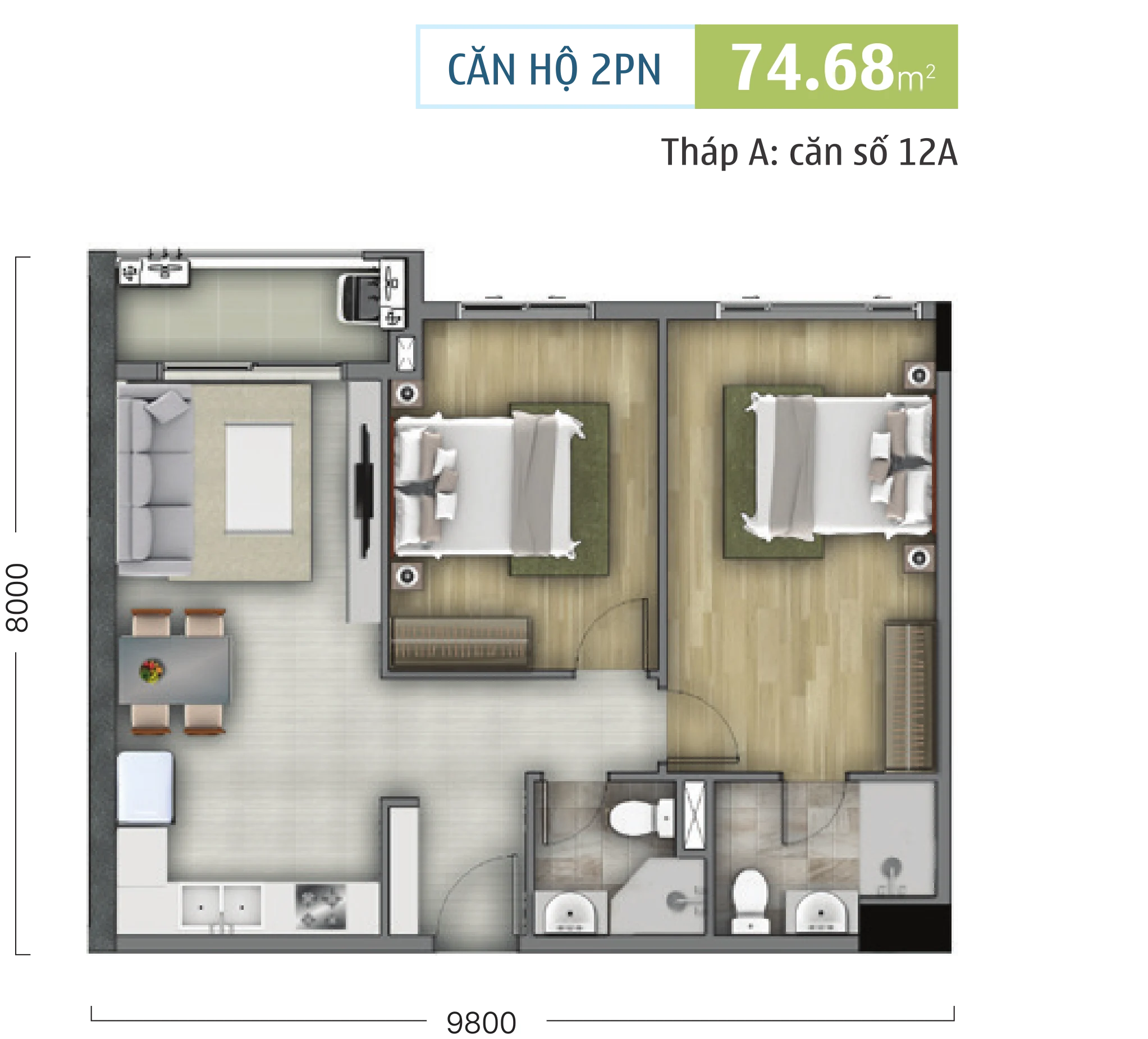 tháp a căn hộ 2 phòng ngủ 74.68m2 botanica premier