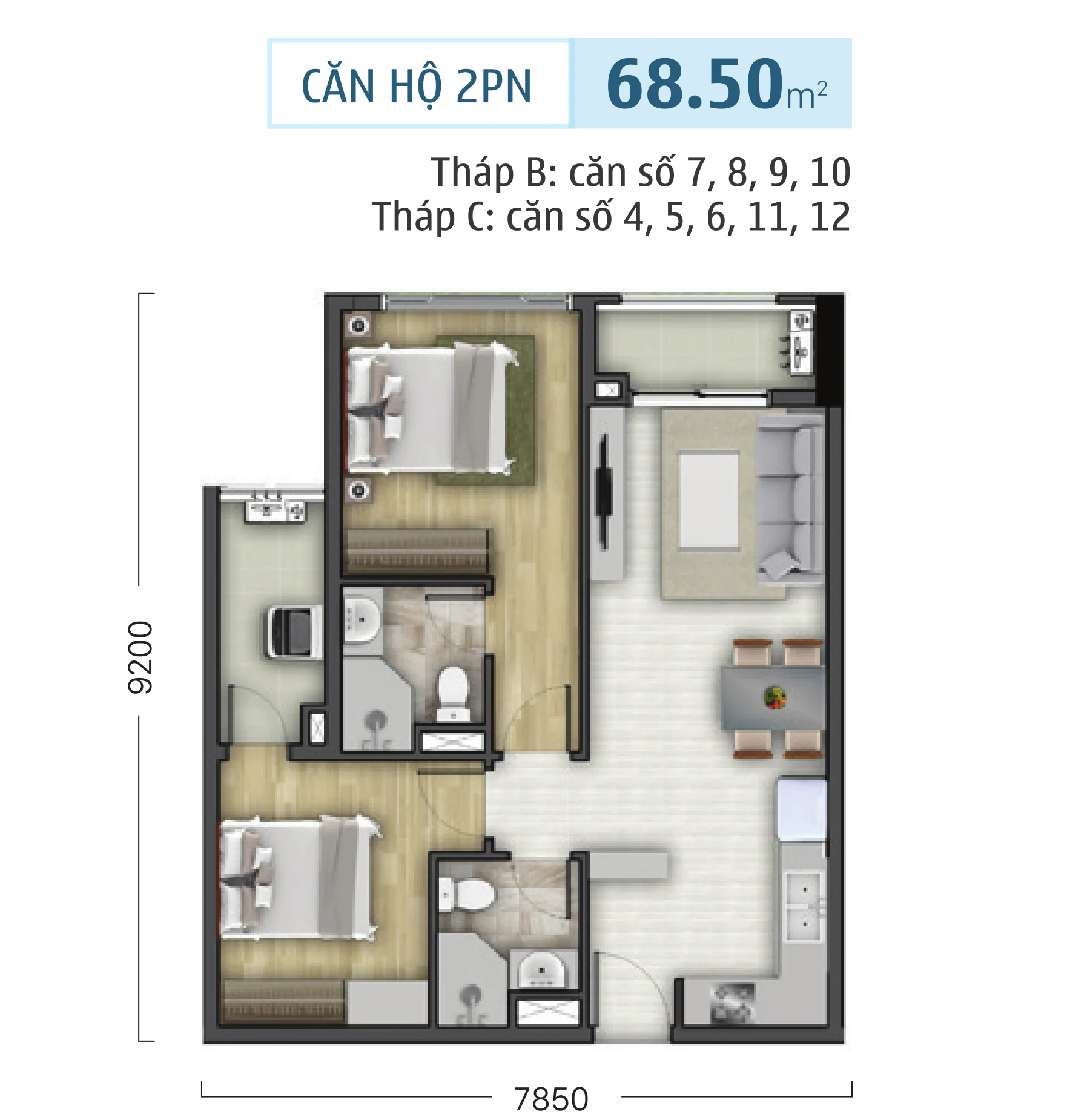tháp b&c căn hộ 2 phòng ngủ 68.50m2 botanica premier