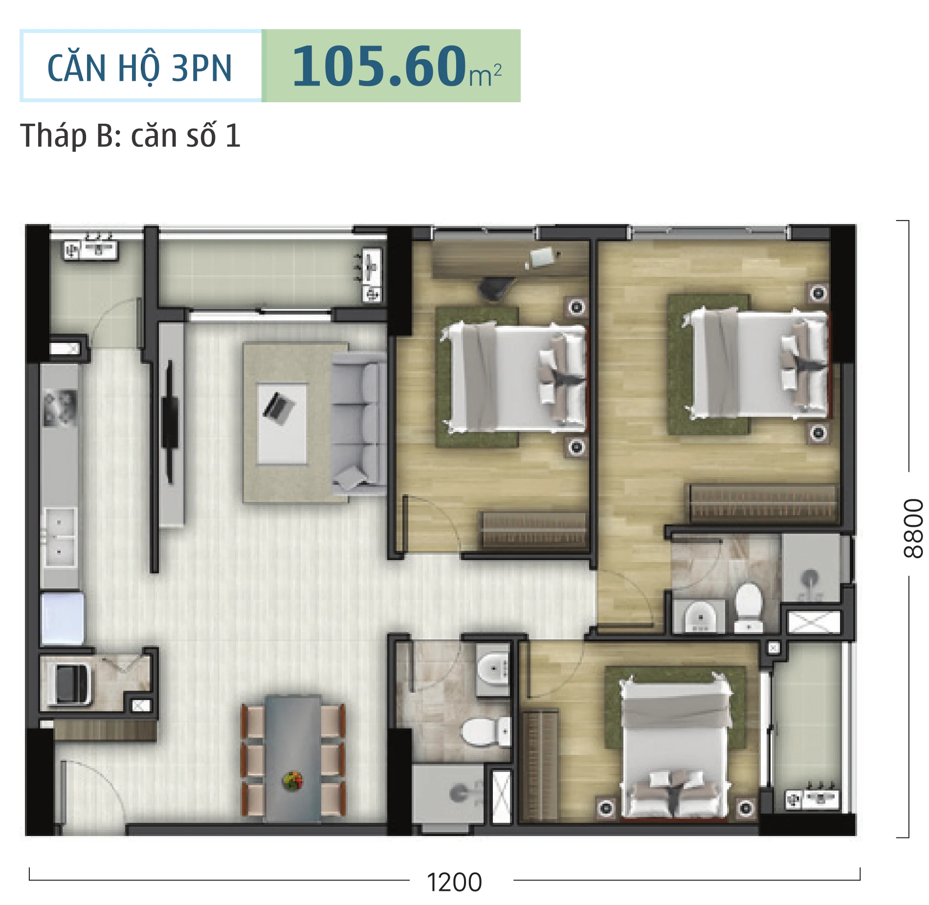 tháp b&c căn hộ 3 phòng ngủ 105.60m2 botanica premier